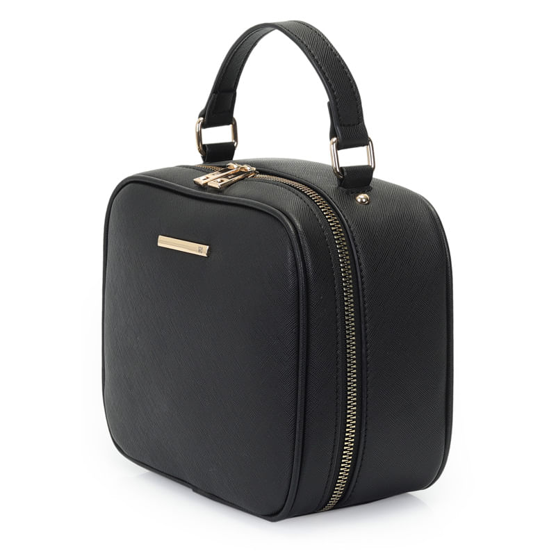 Vista lateral da bolsa preta WJ 46209 mostrando o zíper dourado e detalhes metálicos.